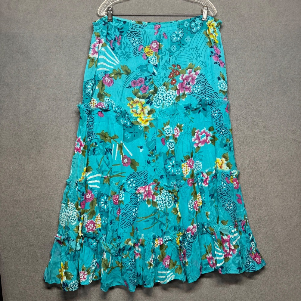 Vintage Boston Proper Tiered Ruffle Maxi Skirt Floral Boho Turquoise Blue L/XL